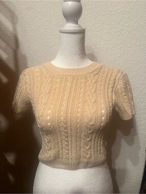 Free People Cream Cable-Knit Short Sleeve Crop Top